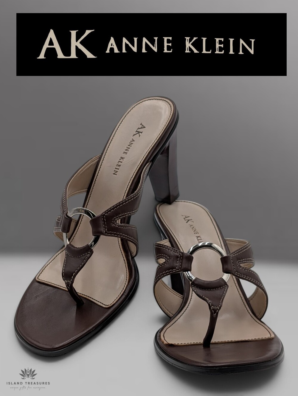 AK Anne Klein Sz 8.5M Maevie Brown Leather Thong Silver Ring Accent Heel Sandals
